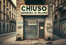 Закрытие магазинов в Турине: кризис в Барриере ди Милано угрожает малому бизнесу Закрытый магазин в Барриере ди Милано, Турин. На витрине висит табличка "Chiuso" (Закрыто), улица выглядит пустынной, фон с граффити и закрытыми ставнями