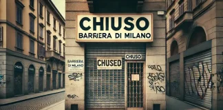 Закрытие магазинов в Турине: кризис в Барриере ди Милано угрожает малому бизнесу Закрытый магазин в Барриере ди Милано, Турин. На витрине висит табличка "Chiuso" (Закрыто), улица выглядит пустынной, фон с граффити и закрытыми ставнями