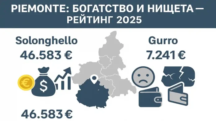 Карта Пьемонта с указанием самых богатых и бедных коммун по среднему доходу на жителя