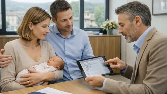 bonus-novorozhdennym-2025-italia-shirik Бонус новорождённым 2025 в Италии: семья с ребёнком оформляет выплату INPS Описание: Светлый интерьер в Италии, молодая семья с новорождённым обсуждает документы и бюджет с консультантом, спокойная атмосфера