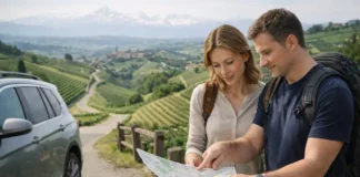 Куда съездить из Турина: 30 идей для увлекательных однодневок по Пьемонту Куда поехать из Турина на 1 день: дворцы, озера и винные холмы Пьемонта Панорамный кадр Пьемонта рядом с Турином: аккуратная дорога среди холмов, на горизонте Альпы, ощущение путешествия выходного дня