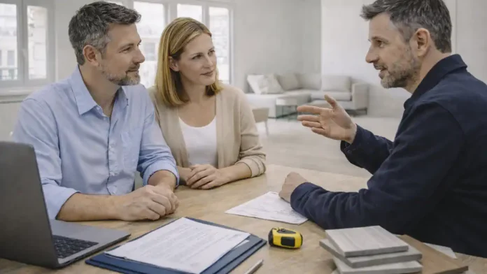 Флиппинг недвижимости в Италии: расчёт прибыли и ремонт квартиры перед продажей Современная квартира в Турине на этапе подготовки к продаже: обсуждение сметы ремонта и расчёта прибыли, нейтральная деловая атмосфера