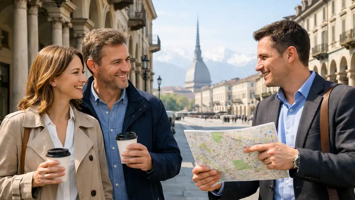 Фотореалистичный городской кадр Турина днем с ощущением спокойной жизни, чистоты и удобной инфраструктуры, без текста и логотипов.