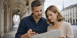 Необычные места Турина: куда сходить и что посмотреть, если вы уже видели Моле Антонеллиана Необычные места Турина: куда сходить и что посмотреть Дневная прогулка в центре Турина: пара 30-45 лет с картой и телефоном выбирает маршрут, на фоне аркады и исторические фасады, уютная городская атмосфера