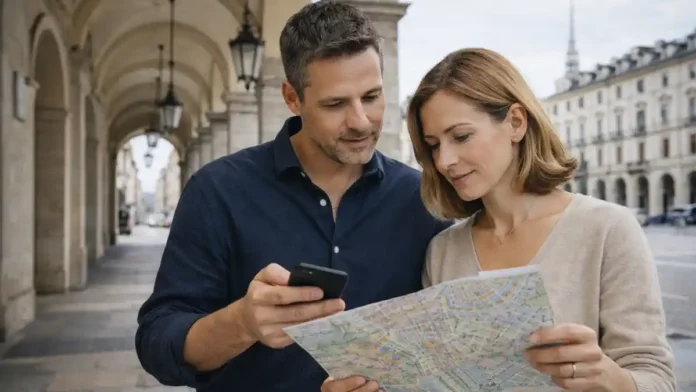 Необычные места Турина: куда сходить и что посмотреть Дневная прогулка в центре Турина: пара 30-45 лет с картой и телефоном выбирает маршрут, на фоне аркады и исторические фасады, уютная городская атмосфера