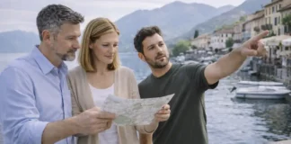 Озеро Маджоре: что посмотреть, лучшие города, пляжи и маршруты на 1-3 дня Озеро Маджоре в Италии: набережная и вид на горы для маршрута на 1-3 дня Вид на озеро Маджоре и набережную в курортном городке, спокойная атмосфера путешествия, карта маршрута в руках