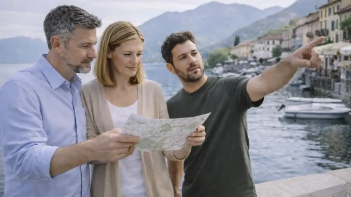 Озеро Маджоре в Италии: набережная и вид на горы для маршрута на 1-3 дня Вид на озеро Маджоре и набережную в курортном городке, спокойная атмосфера путешествия, карта маршрута в руках