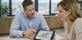 Самые богатые и бедные коммуны Пьемонта: рейтинг доходов 2025, провинции и место Турина Пьемонт 2025: богатые и бедные коммуны по доходам Деловая сцена в Пьемонте: люди обсуждают карту региона и таблицу расходов на планшете, нейтральный современный стиль, дневной свет