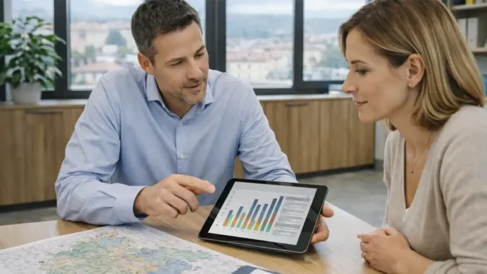 Пьемонт 2025: богатые и бедные коммуны по доходам Деловая сцена в Пьемонте: люди обсуждают карту региона и таблицу расходов на планшете, нейтральный современный стиль, дневной свет