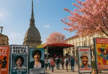 События в Турине в апреле 2025: концерты, выставки, фестивали Весенний Турин с афишами концертов и фестивалей на фоне площади Пьяцца Кастелло Моле Антонеллиана