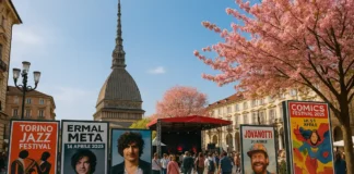 События в Турине в апреле 2025: концерты, выставки, фестивали Весенний Турин с афишами концертов и фестивалей на фоне площади Пьяцца Кастелло Моле Антонеллиана