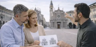 Церкви-близнецы Турина на площади Сан-Карло: Сан-Карло и Санта-Кристина, как отличить и что посмотреть Церкви-близнецы Турина на площади Сан-Карло: фасады Сан-Карло и Санта-Кристины днём Площадь Сан-Карло в Турине днём, симметрия двух церквей-близнецов, туристы рассматривают фасады и сравнивают детали