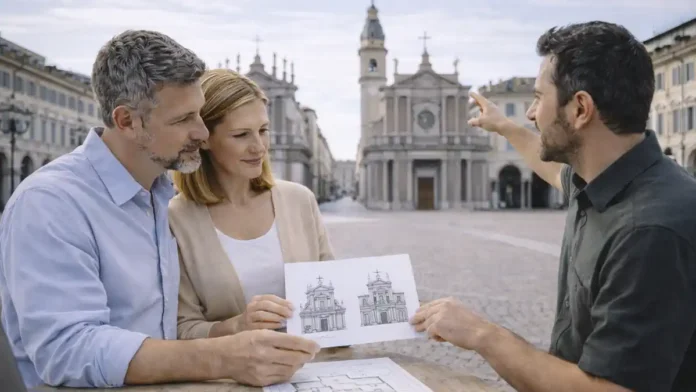 Церкви-близнецы Турина на площади Сан-Карло: фасады Сан-Карло и Санта-Кристины днём Площадь Сан-Карло в Турине днём, симметрия двух церквей-близнецов, туристы рассматривают фасады и сравнивают детали