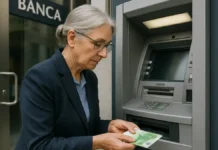 Как вносить наличные на счёт в Италии без проблем с налоговой — что нужно знать в 2025 году Пожилой мужчина в Италии вносит наличные через банкомат с осторожностью и вниманием, чтобы избежать налоговых рисков