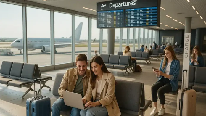 Пассажиры используют бесплатный Wi-Fi в аэропорту Турина Caselle в Италии