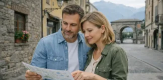 Аоста самый доступный город Италии для путешествий и отдыха Аоста в Альпах Италии: прогулка по историческому центру и виды гор Фотореалистичная сцена в центре Аосты: каменные улицы, аккуратные фасады, горы на горизонте, спокойная дневная атмосфера