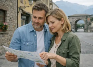 Аоста самый доступный город Италии для путешествий и отдыха Аоста в Альпах Италии: прогулка по историческому центру и виды гор Фотореалистичная сцена в центре Аосты: каменные улицы, аккуратные фасады, горы на горизонте, спокойная дневная атмосфера