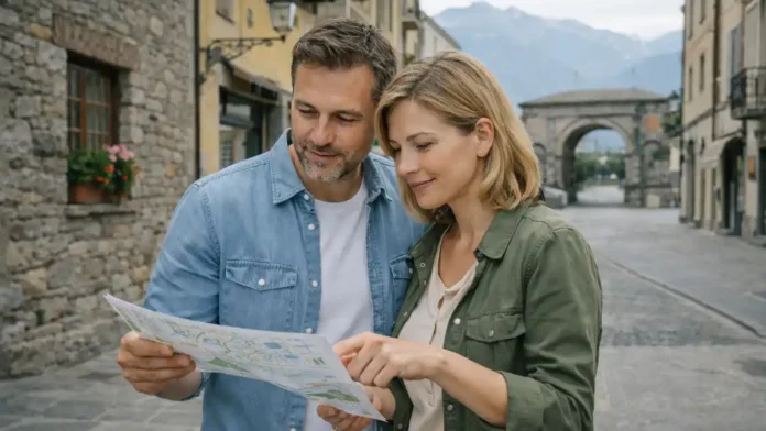 Аоста в Альпах Италии: прогулка по историческому центру и виды гор Фотореалистичная сцена в центре Аосты: каменные улицы, аккуратные фасады, горы на горизонте, спокойная дневная атмосфера