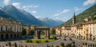 Аоста самый доступный город Италии для путешествий и отдыха Вид на центр Аосты с горами Альп на заднем плане и римскими памятниками