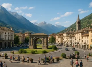 Аоста самый доступный город Италии для путешествий и отдыха Вид на центр Аосты с горами Альп на заднем плане и римскими памятниками