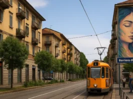 Улица района Barriera di Milano в Турине: фасады жилых домов, трамвай, уличное искусство и зелень повседневная атмосфера жизни