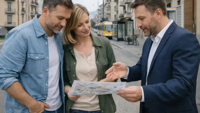 Barriera di Milano в Турине: улицы района и выбор жилья для аренды или покупки Современная городская сцена в Турине в районе Barriera di Milano: типичная улица с жилыми домами, трамвай/остановка, спокойная дневная атмосфер