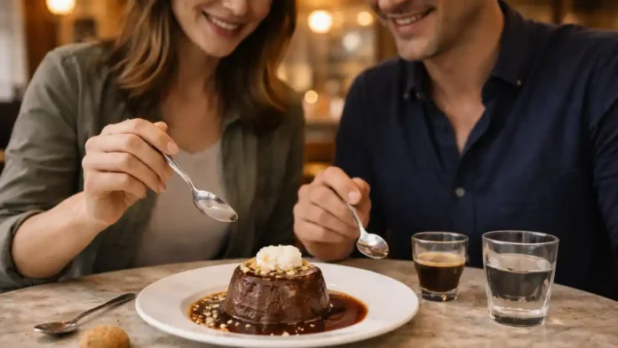 Десерт бонет в Турине на белой тарелке Классический пьемонтский bonet - шоколадный запечённый крем с амаретти и карамелью, подача в кафе Турина.