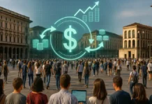 Сколько денег получил бы каждый житель Италии, если бы богатство было распределено поровну Вид сверху на многолюдную площадь в Италии с наложенной цифровой диаграммой о доходах