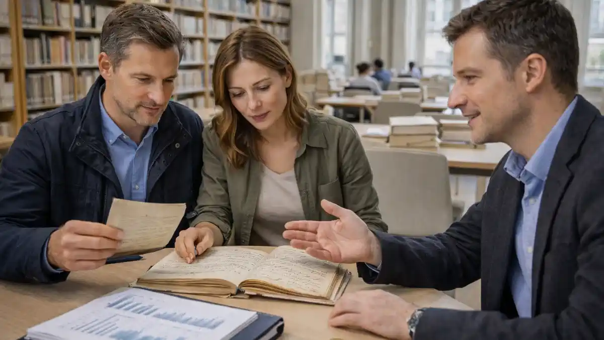Итальянские фамилии: изучение происхождения и значений в архивной атмосфере Турина спокойный дневной интерьер небольшого архива или библиотеки без брендов и текста, мужчина и женщина 30-40 лет рассматривают старые семейные документы и карту Пьемонта, рядом специалист показывает жестом, где искать записи