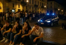Piazza Santa Giulia в Турине центр вечеринок или зона риска? Площадь Санта Джулия в Турине ночью молодёжь, вечеринки и полицейский патруль