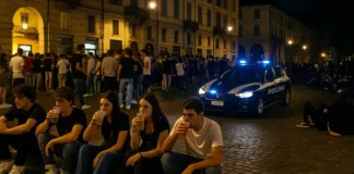 Piazza Santa Giulia в Турине центр вечеринок или зона риска? Площадь Санта Джулия в Турине ночью молодёжь, вечеринки и полицейский патруль
