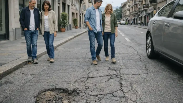 Ямы и трещины на улицах Турина в 2025: безопасность, аварии и обещания ремонта Городская улица Турина днем, заметные трещины и выбоины на покрытии, прохожие и транспорт, атмосфера реальной