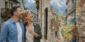 Usseaux (Уссо) в Пьемонте: муралы, горные виды и как спланировать поездку без ошибок Usseaux (Уссо) в Пьемонте - муралы на домах и альпийская деревня Фотореалистичный кадр деревни Usseaux с расписными фасадами, каменными домами и спокойной атмосферой в Альпах Пьемонта