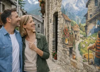 Usseaux (Уссо) в Пьемонте: муралы, горные виды и как спланировать поездку без ошибок Usseaux (Уссо) в Пьемонте - муралы на домах и альпийская деревня Фотореалистичный кадр деревни Usseaux с расписными фасадами, каменными домами и спокойной атмосферой в Альпах Пьемонта