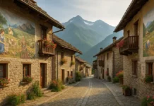 Usseaux (Уссо) самая красивая деревня Италии в Пьемонте: муралы, горы и тишина Фото деревни Usseaux в Альпах с расписными домами и зелёными склонами в Пьемонте