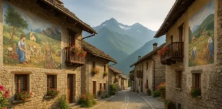 Usseaux (Уссо) самая красивая деревня Италии в Пьемонте: муралы, горы и тишина Фото деревни Usseaux в Альпах с расписными домами и зелёными склонами в Пьемонте