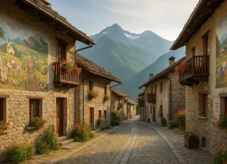 Usseaux (Уссо) самая красивая деревня Италии в Пьемонте: муралы, горы и тишина Фото деревни Usseaux в Альпах с расписными домами и зелёными склонами в Пьемонте