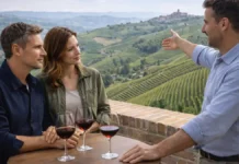 Винодельни Бароло в Пьемонте: дегустации, экскурсии и маршрут из Турина Винодельни Бароло в Пьемонте - дегустации и экскурсии Дегустация вина в Пьемонте: небольшой стол на террасе винодельни среди холмов Ланге, пара 30–40 лет и гид объясняют особенности Бароло