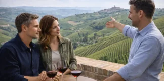 Винодельни Бароло в Пьемонте: дегустации, экскурсии и маршрут из Турина Винодельни Бароло в Пьемонте - дегустации и экскурсии Дегустация вина в Пьемонте: небольшой стол на террасе винодельни среди холмов Ланге, пара 30–40 лет и гид объясняют особенности Бароло