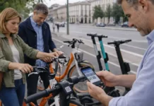 Bike sharing в Турине в 2025: аренда велосипедов и электросамокатов, тарифы, парковки, правила и штрафы Bike sharing в Турине: аренда велосипеда и электросамоката люди берут в аренду городской велосипед и электросамокат у велодорожки, рядом спокойная улица