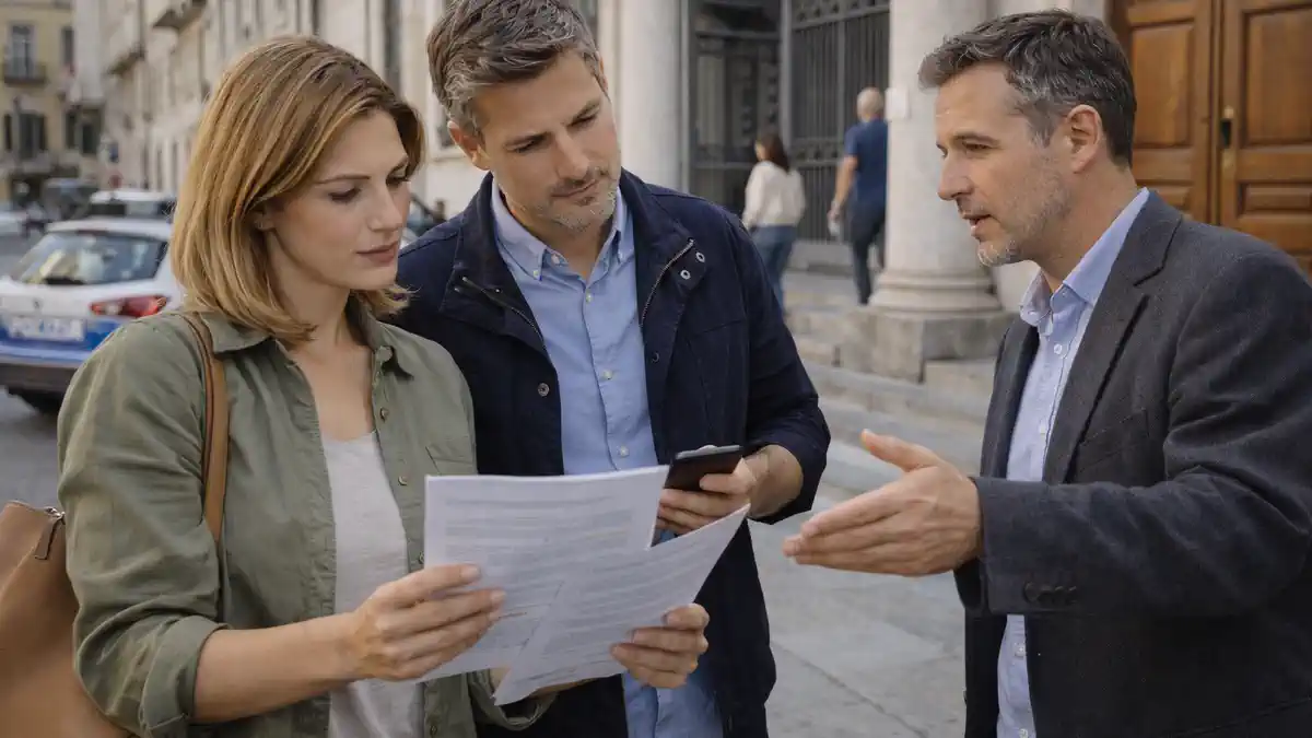 Декрет безопасности в Италии 2025: новые запреты и штрафы Современная Италия, спокойная городская сцена у здания суда или муниципалитета, люди читают распечатку с «новыми правилами» без читаемого текста, на фоне патрульная машина, нейтральная атмосфера, дневной свет.