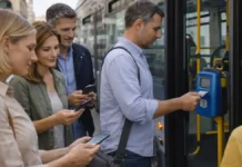 Транспорт Турина: новые тарифы GTT с 1 июля 2025 Транспорт Турина: индексация тарифов GTT с 1 июля 2025 Сцена в Турине на остановке: люди 25–55 лет смотрят в телефон и на валидатор, рядом автобус или трамвай