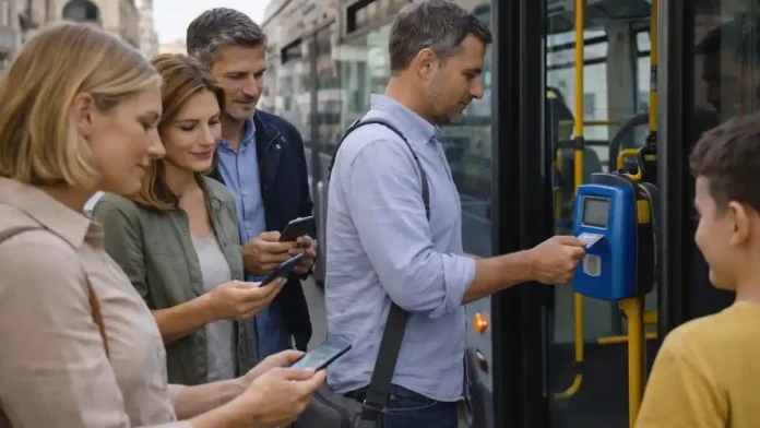 Транспорт Турина: индексация тарифов GTT с 1 июля 2025 Сцена в Турине на остановке: люди 25–55 лет смотрят в телефон и на валидатор, рядом автобус или трамвай