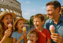 Отдых в Италии с детьми: 12 лучших направлений Семья с детьми ест мороженое на фоне Колизея