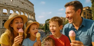 Отдых в Италии с детьми: 12 лучших направлений Семья с детьми ест мороженое на фоне Колизея
