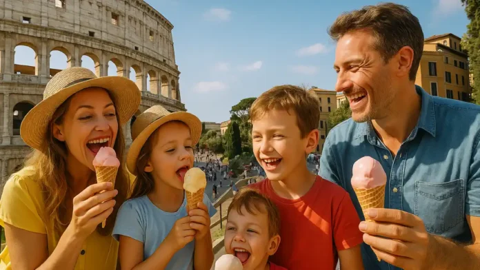 italy-family-vacation Семья с детьми ест мороженое на фоне Колизея