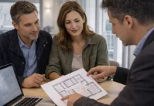 Недвижимость в Турине в 2025: цены, районы и идеи для инвестиций в 2026 Недвижимость в Турине - цены и инвестиции 2025-2026 Консультация по покупке квартиры в Турине: пара обсуждает планировку с агентом, современный интерьер