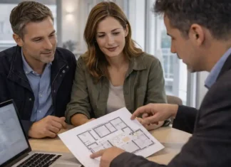 Недвижимость в Турине в 2025: цены, районы и идеи для инвестиций в 2026 Недвижимость в Турине - цены и инвестиции 2025-2026 Консультация по покупке квартиры в Турине: пара обсуждает планировку с агентом, современный интерьер