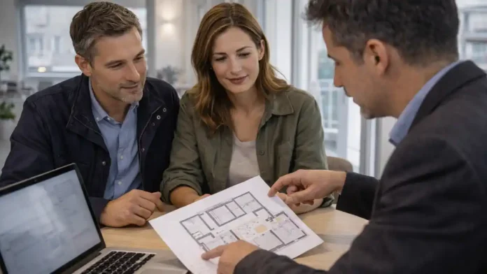 nedvizhimost-turin-investitsii-2026 Недвижимость в Турине - цены и инвестиции 2025-2026 Консультация по покупке квартиры в Турине: пара обсуждает планировку с агентом, современный интерьер