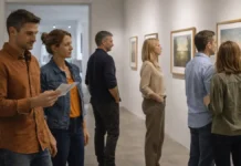 Как организовать выставку картин или фотовыставку в Турине: площадки, оборудование, пресс-релиз и продажи Организация выставки картин в Турине в современном арт-пространстве Современная галерея в Турине, аккуратная развеска работ, мягкий дневной свет, люди рассматривают картины, атмосфера культурного события